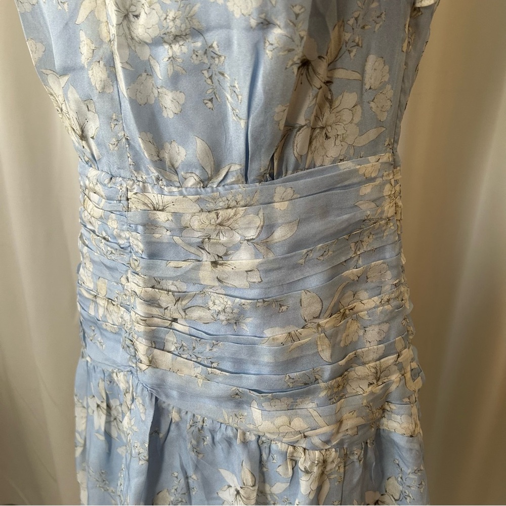 Intermix Vintage Vibe Light Blue Floral Silk Mini Dress Ruffled & Ruched - Picture 12 of 13